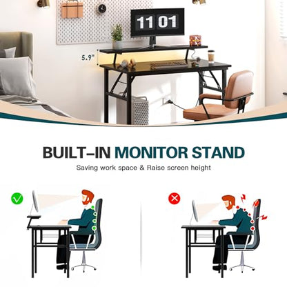 DlandHome 39" Computer Desk with Power Outlets & LED Lights, Black, Bedroom | Folding Desk with Monitor Stand, Writing Study Table Gaming Desk, Metal Frame, Fully Assembled, Home Office Small Spaces - color: Black + Black, size: 39 Inches + Outlets