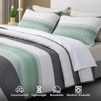 DURLENGEN Quilt Set King Size 3Pcs,Soft Microfiber Lightweight Bedspread,White & Green Striped Geometric Pattern Coverlet for All Season Layering(King 106x96,Mint Green) - color: Mint Green, size: King(106" x 96")
