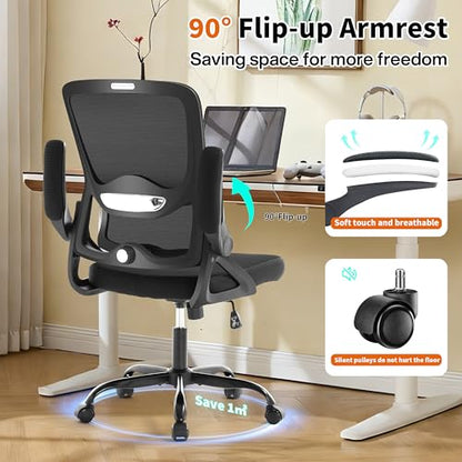 Ergonomic Office Chair,Mesh Office Chair with Lumbar Support,Mid Back Desk Chair with Flip-up Arms,400 lbs Comfy Computer Chair for Home Office - color: Black
