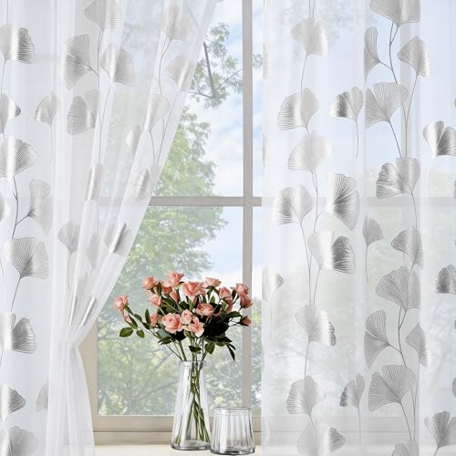 Silver Foil Print Sheer Curtains 72 inches Long, 2 Panels Ginkgo Bronzing Treatment Sheer Curtain, Rod Pocket Window Treatment Panels for Bedroom Living Room - color: Ginkgo/Silver/White, size: 52"W x 72"L (Pack of 2)