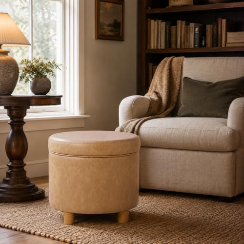 HomePop 19" Round Storage Ottoman - Sand Faux Leather - color: Sand Faux Leather