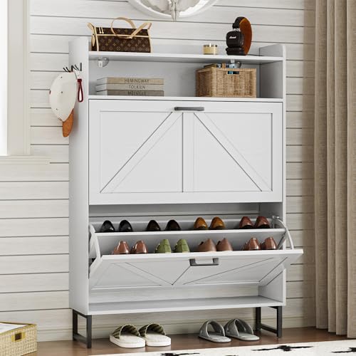 BORNOON Shoe Cabinet with 2 Flip Drawers Narrow Shoe Storage Cabinet Organizer Wooden Freestanding Shoe Rack Hidden Slim Shoes Storage Cabinet for Entryway, Hallway, Bedroom - color: White, size: 2-Drawer