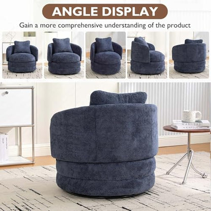 Round Swivel Barrel Chair with Comfy Pillow, Beige Small Accent Chair with Curved Backrest, Modern Upholstered Armchair & Chenille Barrel Accent Chairs for Living Room Bedroom Office (Blue) - color: Blue