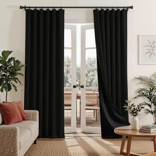 RYB HOME 100% Blackout Black Curtains for Living Room 90 inches Long | Heat & UV Blocking, Total Room Darkening, Noise Reducing, Back Tab, For Bedroom Dining Room Theater, W52 x L90, 2 Panels - color: Black, size: 52"W x 90"L (Pack of 2)