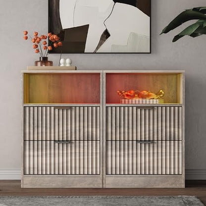 Fluted Nightstand Set of 2, LED Nightstand with Charging Station, Wood Nightstands with 2 Drawers & Metal Handles, Modern Bedside Table & End Tables, Farmhouse Night Stands for Bedroom, Grey - color: Grey, style: LED 2 Drawers-2 PCS