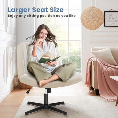 DUMOS Criss Cross Chair No Wheels Legged Office Wide Comfy Desk Vanity Chair, Armless Computer Task Seating, Swivel Home Height Adjustable for Bedroom, Study, Beige Fabric - color: Beige Fabric
