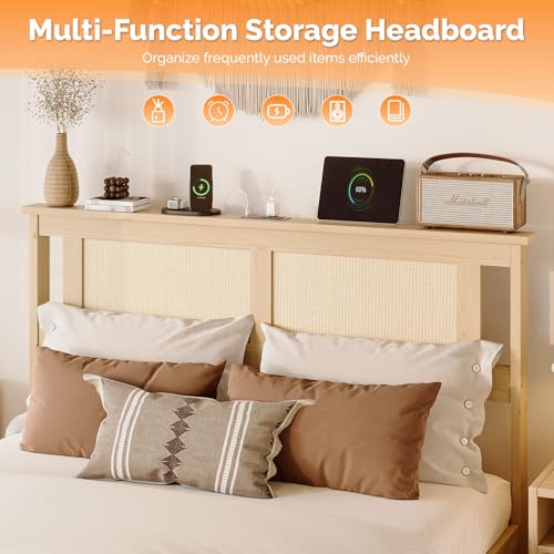 VINGLI Bed Frame Full Size with Rattan Headboard,Boho Platform Bed with Underbed Storage and Charging Ports for Bedroom,Solid Wooden Slats Surpport,Noise-Free,Natural - size: Full