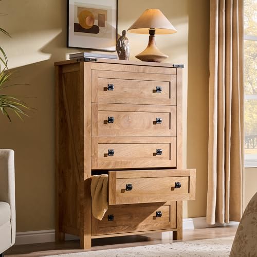 T4TREAM 48" Tall Farmhouse 5-Drawer Dresser for Bedroom, Light Knotty Oak | Rustic chests of drawers, Wood Storage Cabinet, Metal Handle, Unique Corner Accent, Bedroom, Living Room, Hallway - color: Light Knotty Oak, size: 15.8"D x 31.3"W x 48"H (5 Drawer