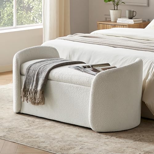 mopio Sophie 51" Ottoman Storage Bench, Entryway and Window Seating, End of Bed Curved Stool for King & Queen Bed, Storage Chest for Bedroom (Pearl White Boucle) - color: White Boucle, Curved
