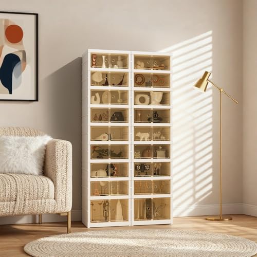 Foldable Shoe Organizer Storage Box, Portable Extra Large Folding Shoe Rack for Closet, Shoe Storage Box with Magnetic Transparent Door and Wheels, 9 Layers 18 Grids with 2 Big Grids - size: White 9 Layers-B