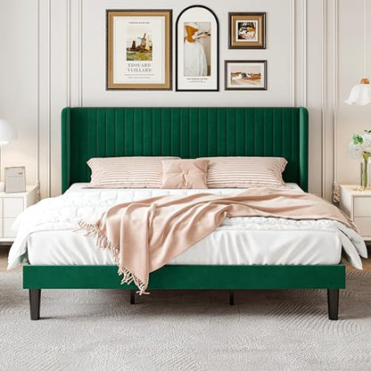 SHA CERLIN King Size Velvet Bed Frame, Tufted Wingback Headboard, Green | 47'' Modern Vertical Channel Headboard, Upholstered Platform Bed, Wood Slats, No Box Spring Needed, Easy Assembly, Noise Free - color: Green, size: King