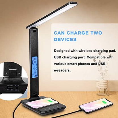 LED Desk Lamp with Wireless Charger, Suitable for Home, Office Dimmable, with USB Charging Port, Built-in Clock, Calendar, Thermometer and Automatic Timing Reading Desk Lamp. - color: Black