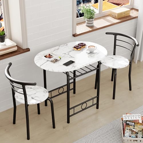 JUMMICO 3-Piece Wooden Round Table & Chair Set | Kitchen Breakfast Nook Wood Grain Tabletop with Metal Frame and Built-in Wine Rack for Kitchen, Dining Room (White/Black) - color: White/Black