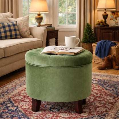 HomePop 19" Velvet Button Tufted Round Storage Ottoman - Green - color: Green