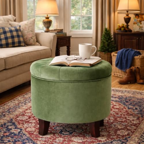 HomePop 19" Velvet Button Tufted Round Storage Ottoman - Green - color: Green