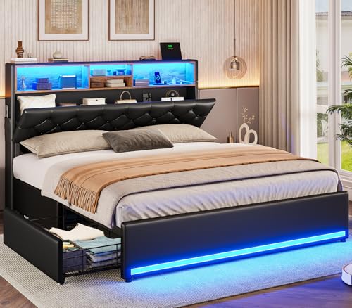 Queen Bed Frame with 4 Drawers & Storage Headboard, Lights, Black PU | LED Bed Frame Queen Size with Charging Station, 5 Shelves, Upholstered Bed with Metal Slats, No Box Spring Needed - color: Black-pu Leather, size: Queen