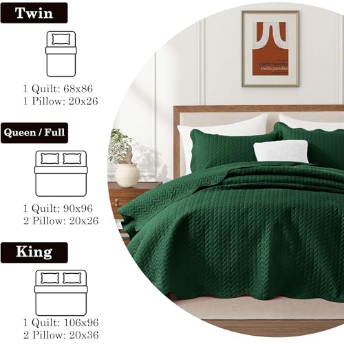 MOONLIGHT20015 Twin Quilt Set (66" x 86") with 1 Pillow Sham (20" x 26"+2") for All Seasons - 2 Pcs Reversible Bedding Set Lightweight Microfiber Coverlet Embossed Pattern Quilted Bedspread (Emerald) - color: Emerald, size: Twin