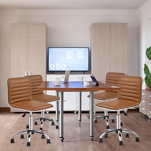 Topeakmart Ribbed PU Leather Armless Desk Chair, Swivel Chair, Retro Brown | Cushioned ribbed PU leather low-back seat slides neatly under desks. Seat height adjusts 18.3–24.2 in, quick assembly for use - color: Retro Brown