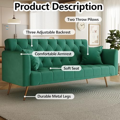Majnesvon 71" Convertible Folding Sleeper Sofa Couch,Modern Velvet Loveseat Sleeper with 2 Pillows, Futon Sofa Bed with Mattress and Frame for Living Room,Bedroom,Small Space (Green) - color: Green