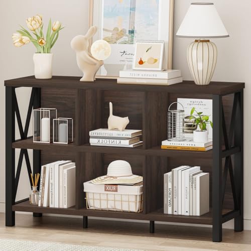 6 Cube Storage Organizer with Shelf, Short Horizontal Bookshelf for Living Room, Wood and Metal Cubby Bookcase, 47 Inch Industrial Low Book Shelf and Book Case (Dark Walnut) - color: Dark Walnut, size: Without Drawer