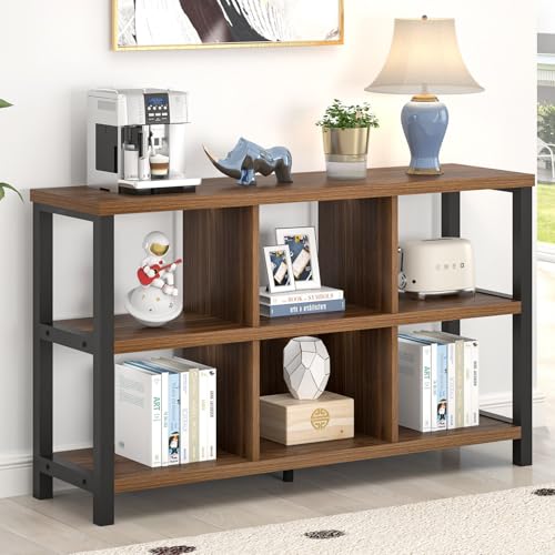 6 Cube Storage Organizer Bookshelf, Industrial Horizontal Low Cubby Bookcase for Living Room Bedroom (Rustic Walnut, 47 Inch) - color: Walnut