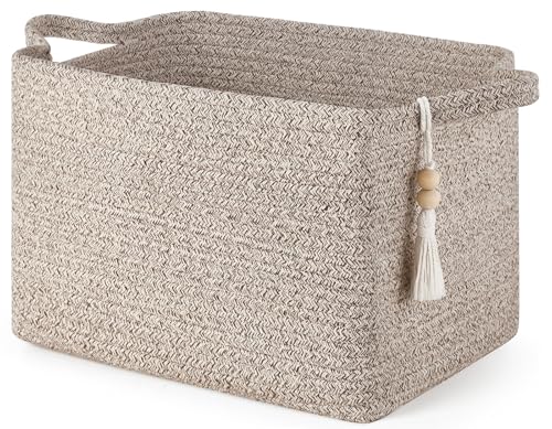 Mkono Woven Storage Basket, Cube Cotton Rope Basket for Shelves, 13"x10"x9" | Organizes Shoes Clothes Toys Towels Books, Gift Basket, Wooden Beads Tassel, Rectangle Bin, Fits Entryway Bedroom Living Room - color: Brown