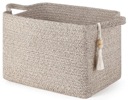 Mkono Woven Storage Basket, Cube Cotton Rope Basket for Shelves, 13"x10"x9" | Organizes Shoes Clothes Toys Towels Books, Gift Basket, Wooden Beads Tassel, Rectangle Bin, Fits Entryway Bedroom Living Room - color: Brown
