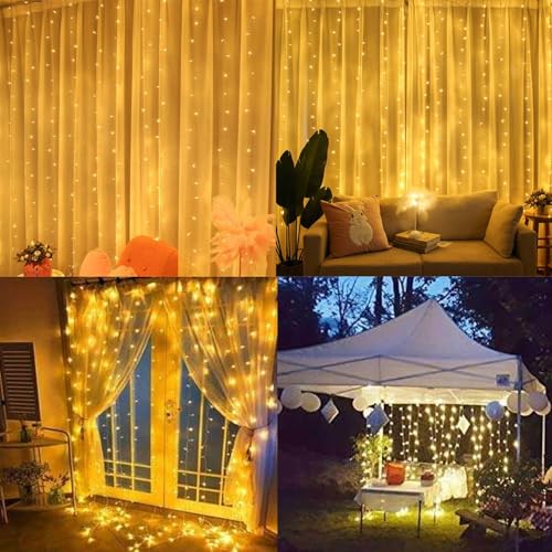 300 LED Curtain String Lights, Fairy String Lights with 8 Light Modes & Remote Controlled, 9.8x9.8ft Indoor Outdoor String Lights for Christmas, Weddings, Party, Bedroom, Wall, Window (Warm white) - color: Copper Wire-Warm white