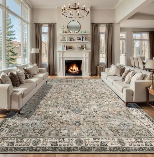 Tangsoo Washable 9x12 Area Rugs for Living Room,Boho Beige Floral Large Rug | Vintage Farmhouse 9 x 12 Neutral Rug Non Slip,Soft Low Pile Grey Rug Big Carpet for Bedroom Office Dinning Room Laundry Room - color: Distressed Beige Grey, size: 9' X 12' (Rect