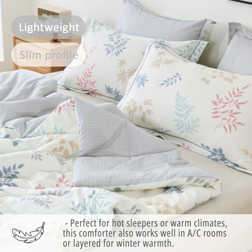 LEMIROE White & Gray Whimsical Botanical Cotton Comforter Set Twin Size 2PC | Pastel Leaf Print & Light Gray Grid Reversible Design, Lightweight, Cotton Shell, Down Alternative Fill, 1 Pillow Sham - color: Botanical Serenity - White & Gray Grid, size: Twi