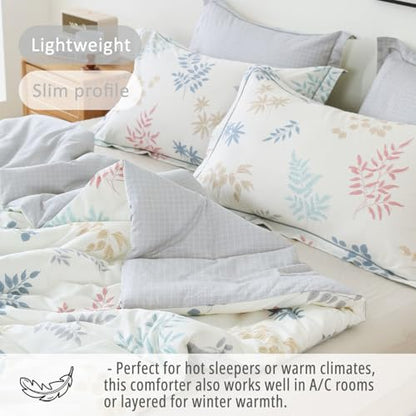 LEMIROE White & Gray Whimsical Botanical Cotton Comforter Set Twin Size 2PC | Pastel Leaf Print & Light Gray Grid Reversible Design, Lightweight, Cotton Shell, Down Alternative Fill, 1 Pillow Sham - color: Botanical Serenity - White & Gray Grid, size: Twi