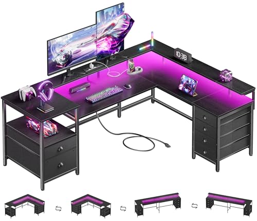 Furologee 66'' L Shaped Gaming Desk with 6 Drawers, LED, Outlets, Black | Reversible Large Corner Computer Desk with Printer Storage Shelves, LED Lights, Monitor Stand for Home Office, Working Study - color: Black