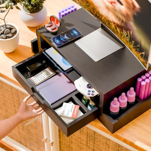 Simple Trending Wood Monitor Stand Riser, Desktop Oraganizer, Black | Desk Organizer and Accessories, Laptop & Printer Stand, Drawer & Pen Holder, for Home Office, 20.25"W x 9.25"D x 5.5"H - size: 20.25"W x 9.25"D x 5.5"H