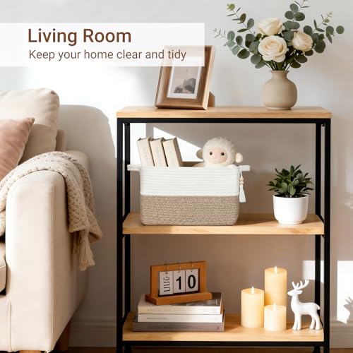 Mkono Woven Storage Basket, Cube Cotton Rope Basket for Shelves, 13"x10"x9" | Organizes Shoes Clothes Toys Towels Books, Gift Basket, Wooden Beads Tassel, Rectangle Bin, Fits Entryway Bedroom Living Room - color: Brown and White