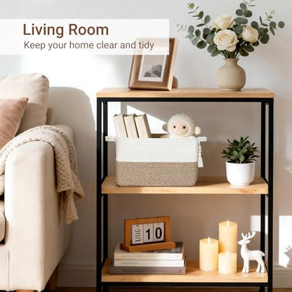 Mkono Woven Storage Basket, Cube Cotton Rope Basket for Shelves, 13"x10"x9" | Organizes Shoes Clothes Toys Towels Books, Gift Basket, Wooden Beads Tassel, Rectangle Bin, Fits Entryway Bedroom Living Room - color: Brown and White