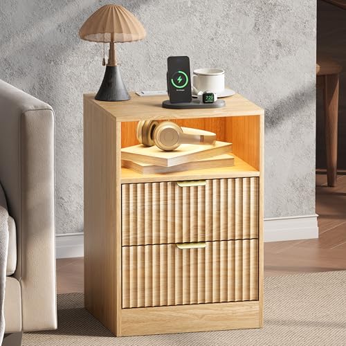 Fluted Nightstand Set of 2, LED Nightstand with Charging Station, Wood Nightstands with 2 Drawers & Metal Handles, Modern Bedside Table & End Tables, Farmhouse Night Stands for Bedroom, Natural - color: Natural Oak, style: LED 2 Drawers-2 PCS