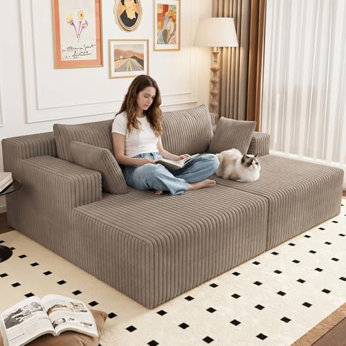 70.8" Oversized Double Chaise Lounge Indoor, Upholstered Deep Seat Cloud Couch Corduroy Lounge Chair, Modern Sofa Bed Loveseat Sleeper Chair for Living Room Bedroom Apartment, Camel - color: Camel, size: 70.8"