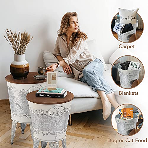 RUSTOWN Farmhouse Side Tables Set of 2, Galvanized Metal Bucket End Table | Storage Metal Bin with Round Wooden Lid, Accent Side Table, Rustic Antique Cocktail Table for Living Room, Bedroom, Outdoor - color: Distressed White