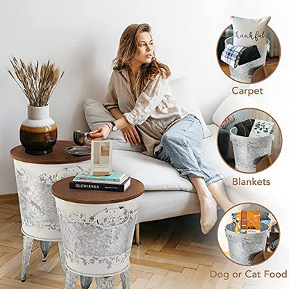RUSTOWN Farmhouse Side Tables Set of 2, Galvanized Metal Bucket End Table | Storage Metal Bin with Round Wooden Lid, Accent Side Table, Rustic Antique Cocktail Table for Living Room, Bedroom, Outdoor - color: Distressed White