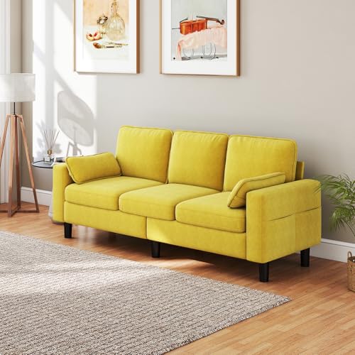 KINTNESS 78” 3 Seater Sofa Couch for Living Room, Modern Sectional Sofa with Deep Seat & Armrest Pillow, Comfy Sofa Set for Bedroom, Apartment and Office, Removable Covers, Non-Slip, Yellow | COTTON - size: 3 seater