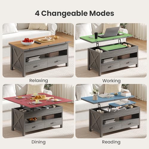 Amada 39" Lift Top Coffee Table with Drawer, Shelf, Hidden Storage, Grey | Modern farmhouse style, quiet and stable lifting system, CARB-certified, 4-in-1 table for dining, working, reading, relaxing - color: Wash Grey