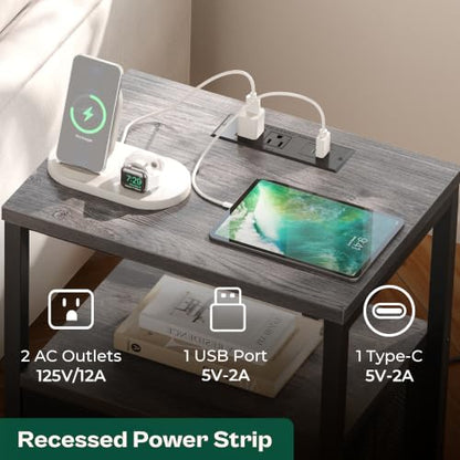 Huuger Nightstand with Charging Station, Side Table with Fabric Drawers, End Table with Open Shelf, Bedside Table with USB Ports and Outlets, Night Stand for Bedroom, Charcoal Gray | End Table with Open Shelf, Bedside Table with USB Ports and Outlets, Nig