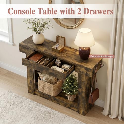 47'' Console Table with 2 Drawers and Open Storage, Entryway Table with Socket, LED Light and Hooks, Narrow Long Wood Sofa Table Behind Couch Table for Living Room, Hallway, Foyer, Brown - size: 47'' IN