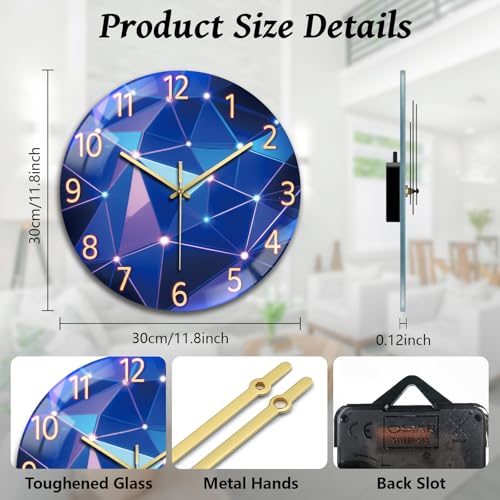 Light Geometric Wall Clocks Battery Operated, 12" Round Clock | Non Ticking Decorative Clock, Ocean Pattern Glass Design for Living Room, Kitchen, Bedroom & Bathroom Decor - style: Light Geometric Pattern