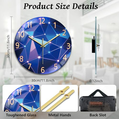 Light Geometric Wall Clocks Battery Operated, 12" Round Clock | Non Ticking Decorative Clock, Ocean Pattern Glass Design for Living Room, Kitchen, Bedroom & Bathroom Decor - style: Light Geometric Pattern