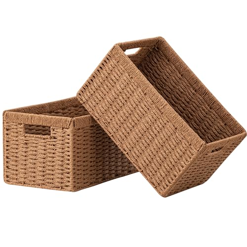 UBBCARE 2 Pack Wicker Basket, 13.4L×8.3H×7.1W inch Woven Paper Rope Storage Baskets for Shelves, Foldable Rectangular Storage Baskets with Handle, Storage Basket for Organizing, Caramel - color: Caramel, size: Rectangular- 2pack 13.4"×8.3"×7.1"