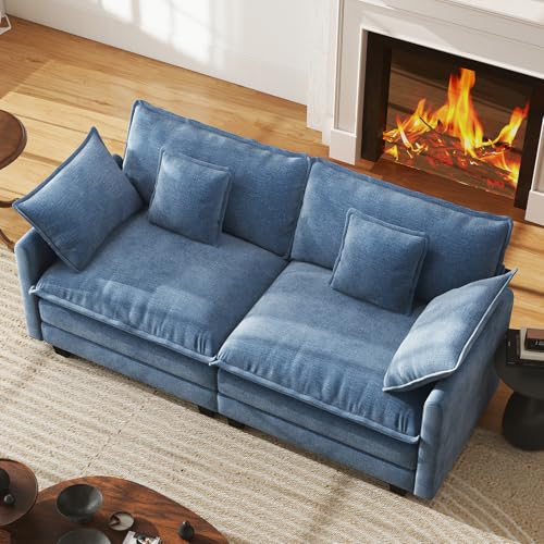 77" Cloud Sofa Loveseat, Comfy Sectional Couch, 2-Seater Chenille Deep Seat Sofa with Throw Pillows for Living Room Bedroom Apartment (Blue) - color: Blue, size: 77" Sofa