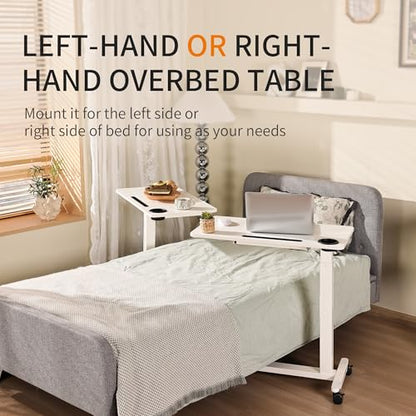 Adjustable Hospital Overbed Table with Drawer, Wheels, Cup Holder | Adjustable Height Rolling Laptop Over Bed Desk, Portable Medical Bedside Tray with Storage, Slot, Pneumatic Home Cart| White - color: White