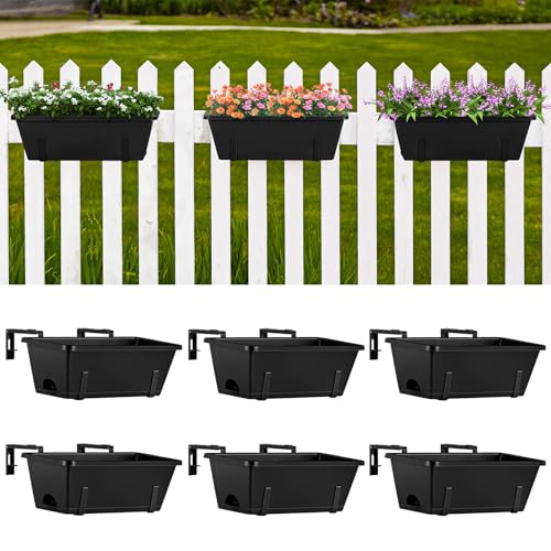 ETELI Railing Planter Hanging Planter Box with Brackets Set 6, Black | Adjustable with Drainage Holes for Deck Garden Window Fence - color: All Black