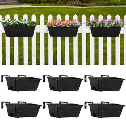 ETELI Railing Planter Hanging Planter Box with Brackets Set 6, Black | Adjustable with Drainage Holes for Deck Garden Window Fence - color: All Black